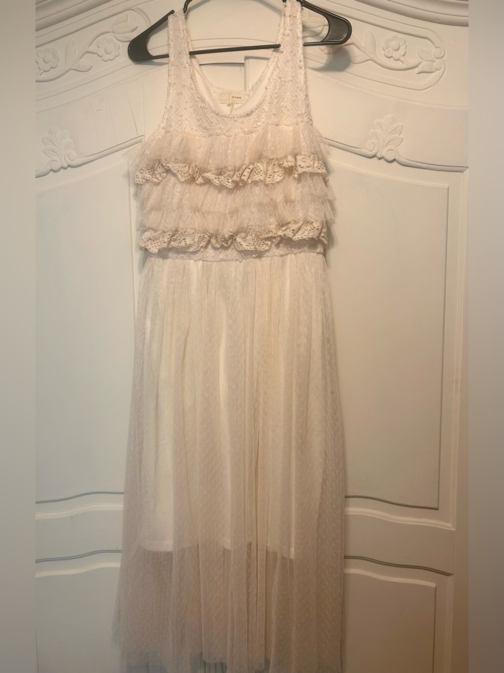 A'Reve Cream Lace & Tulle Ruffle Evening Dress